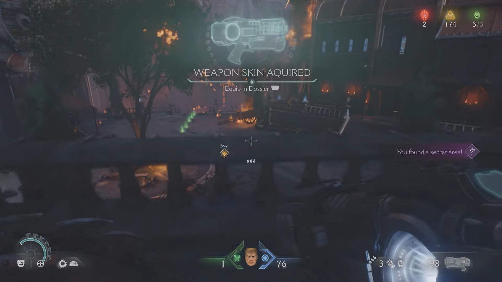 Getting one of the secrets along with a weapon skin in the Sentinel Barracks mission (Image via Sportskeeda Gaming/Bethesda Softworks)